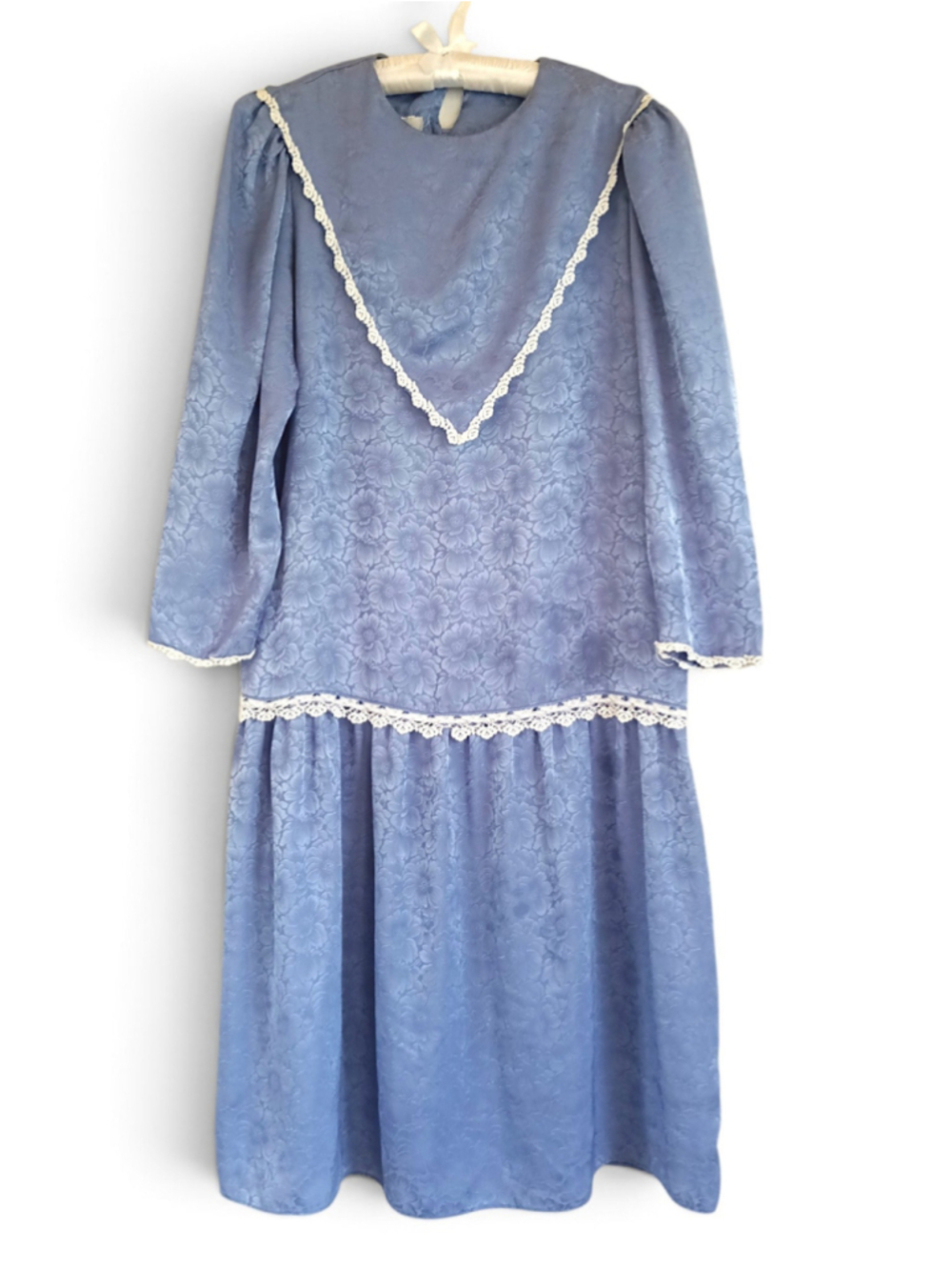 Vintage Jody California Blue Jacquard Drop Waist Dress 80s bib Lace romantic LG